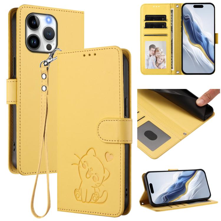 Geprägte Herz Katze Handyhülle aus Leder mit Handschlaufe, für iPhone Air, für iPhone 16 Pro Max, für iPhone 16 Pro, für iPhone 16 Plus