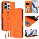 Geprägte Herz Katze Handyhülle aus Leder mit Handschlaufe, für iPhone Air, für iPhone 16 Pro Max, für iPhone 16 Pro, für iPhone 16 Plus