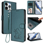 Geprägte Herz Katze Handyhülle aus Leder mit Handschlaufe, für iPhone Air, für iPhone 16 Pro Max, für iPhone 16 Pro, für iPhone 16 Plus