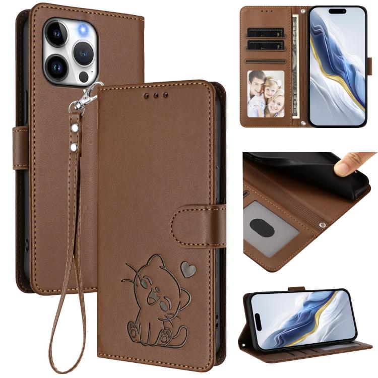 Geprägte Herz Katze Handyhülle aus Leder mit Handschlaufe, für iPhone Air, für iPhone 16 Pro Max, für iPhone 16 Pro, für iPhone 16 Plus