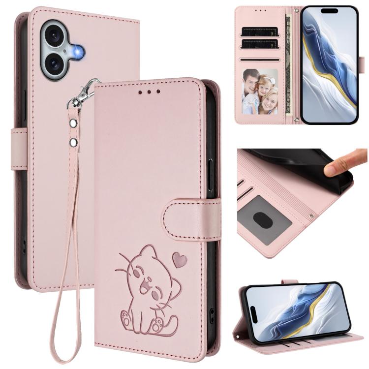 Geprägte Herz Katze Handyhülle aus Leder mit Handschlaufe, für iPhone Air, für iPhone 16 Pro Max, für iPhone 16 Pro, für iPhone 16 Plus