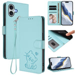 Geprägte Herz Katze Handyhülle aus Leder mit Handschlaufe, für iPhone Air, für iPhone 16 Pro Max, für iPhone 16 Pro, für iPhone 16 Plus