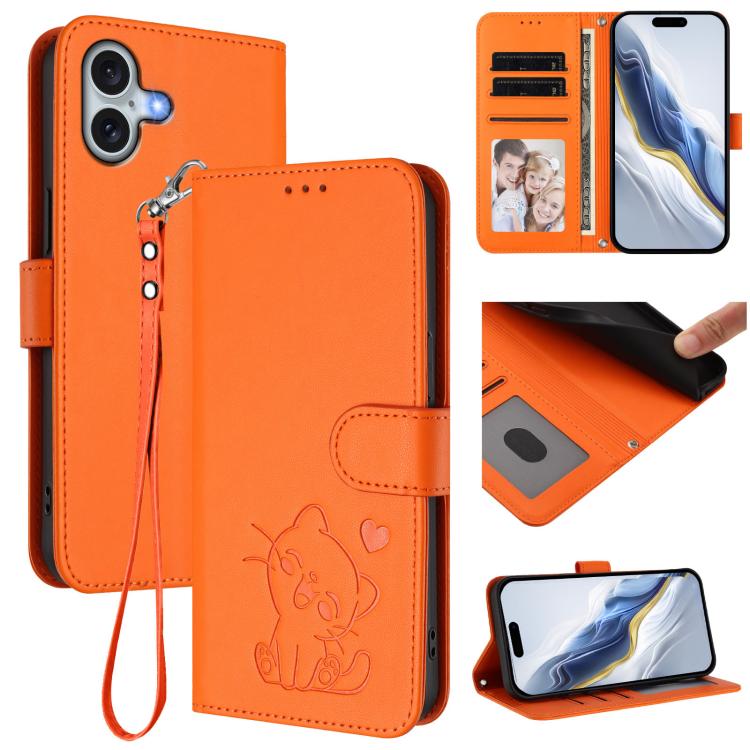 Geprägte Herz Katze Handyhülle aus Leder mit Handschlaufe, für iPhone Air, für iPhone 16 Pro Max, für iPhone 16 Pro, für iPhone 16 Plus