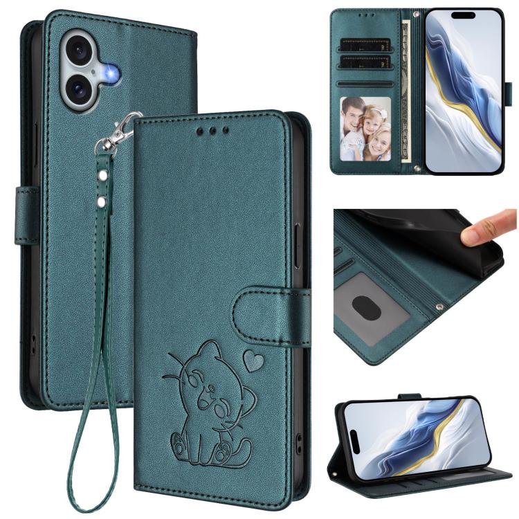 Geprägte Herz Katze Handyhülle aus Leder mit Handschlaufe, für iPhone Air, für iPhone 16 Pro Max, für iPhone 16 Pro, für iPhone 16 Plus