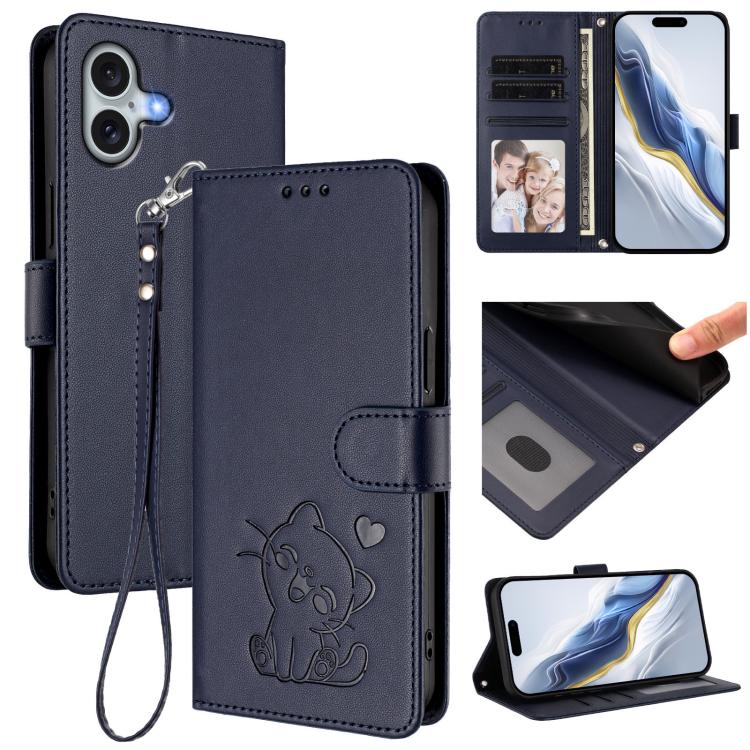 Geprägte Herz Katze Handyhülle aus Leder mit Handschlaufe, für iPhone Air, für iPhone 16 Pro Max, für iPhone 16 Pro, für iPhone 16 Plus