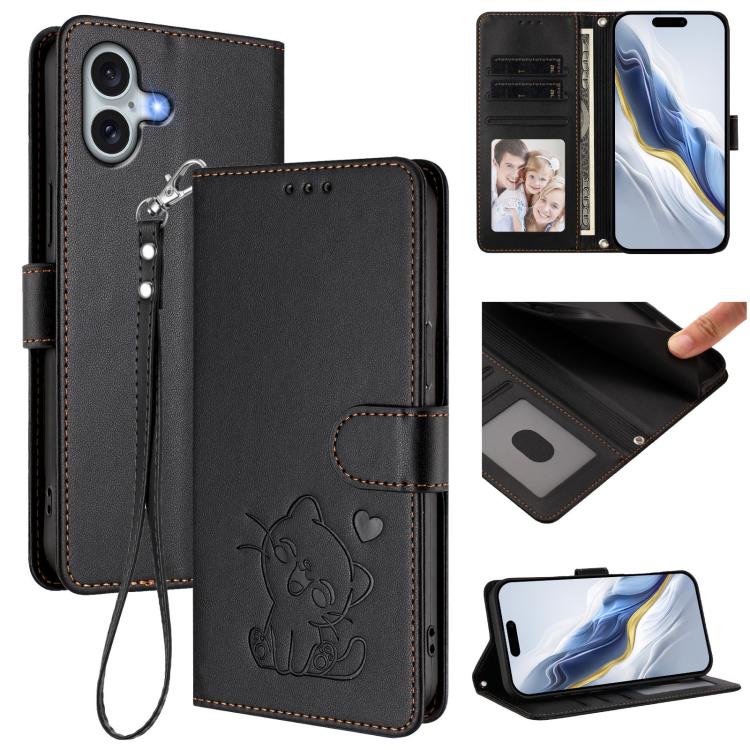 Geprägte Herz Katze Handyhülle aus Leder mit Handschlaufe, für iPhone Air, für iPhone 16 Pro Max, für iPhone 16 Pro, für iPhone 16 Plus