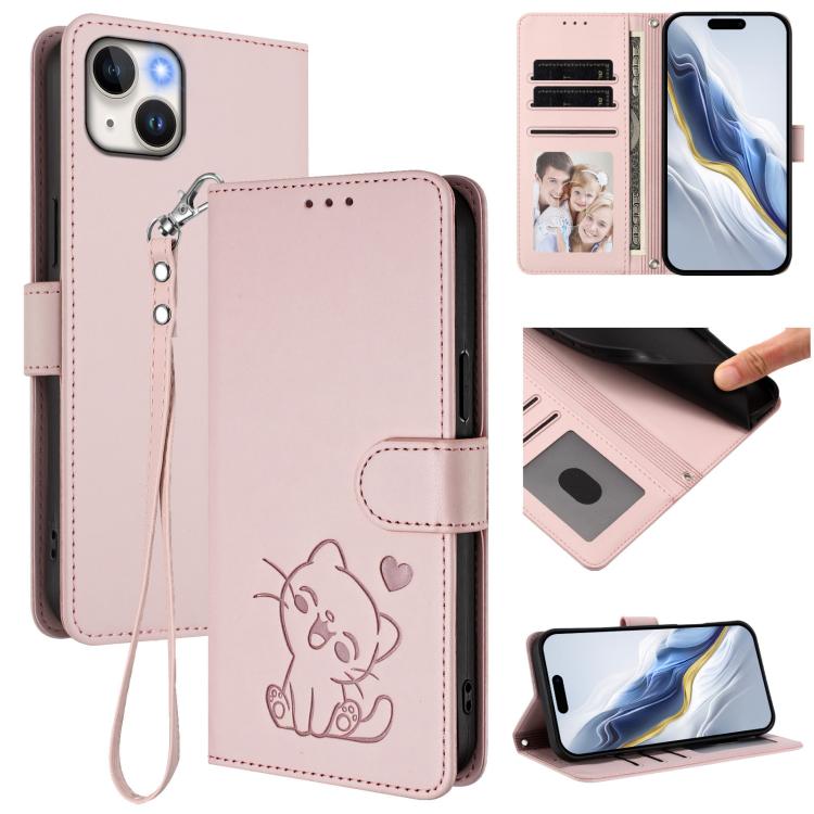 Prägte Herz-Katzen-Leder-Handyhülle mit Handschlaufe, Für iPhone 15, Für iPhone 14 Plus, Für iPhone 14 / 13, Für iPhone 14 Pro