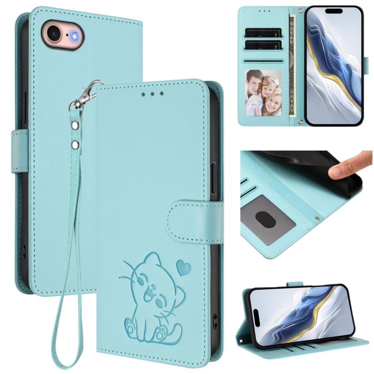 Embossed Heart Cat Leather Phone Case with Hand Strap, For iPhone 14 Pro Max, For iPhone 7 / 8 / SE 2022, For iPhone 13 Pro Max, For iPhone 13 Pro