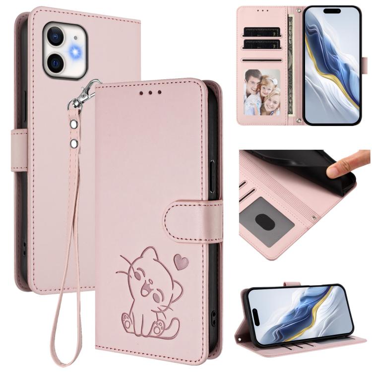 Prägte Herz-Katzen-Leder-Handyhülle mit Handschlaufe, Für iPhone 13 mini, Für iPhone 12 / 12 Pro, Für iPhone 12 Pro Max, Für iPhone 12 mini