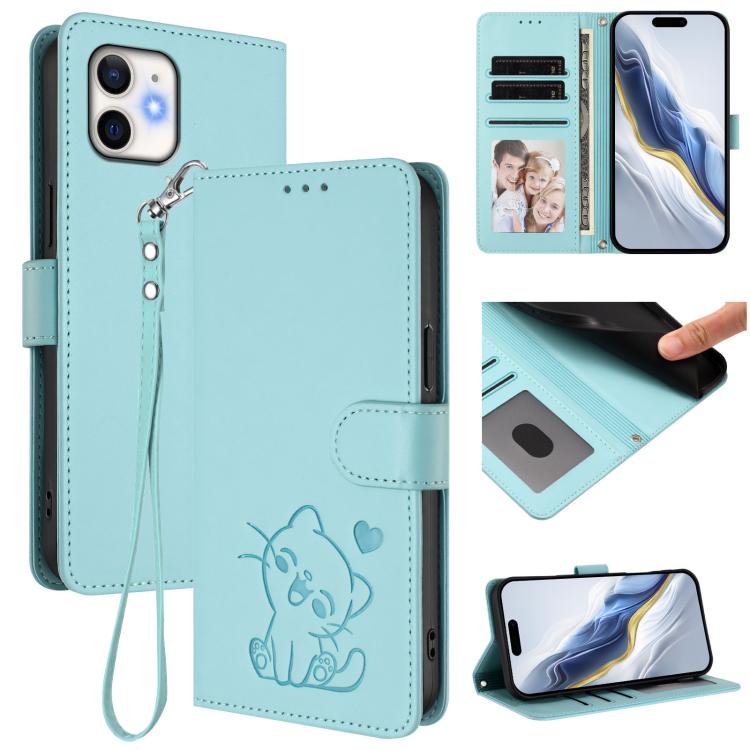 Prägte Herz-Katzen-Leder-Handyhülle mit Handschlaufe, Für iPhone 13 mini, Für iPhone 12 / 12 Pro, Für iPhone 12 Pro Max, Für iPhone 12 mini