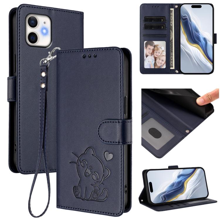Prägte Herz-Katzen-Leder-Handyhülle mit Handschlaufe, Für iPhone 13 mini, Für iPhone 12 / 12 Pro, Für iPhone 12 Pro Max, Für iPhone 12 mini