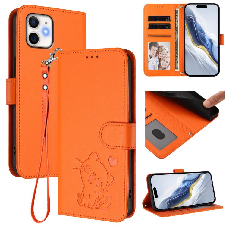 Prägte Herz-Katzen-Leder-Handyhülle mit Handschlaufe, Für iPhone 13 mini, Für iPhone 12 / 12 Pro, Für iPhone 12 Pro Max, Für iPhone 12 mini