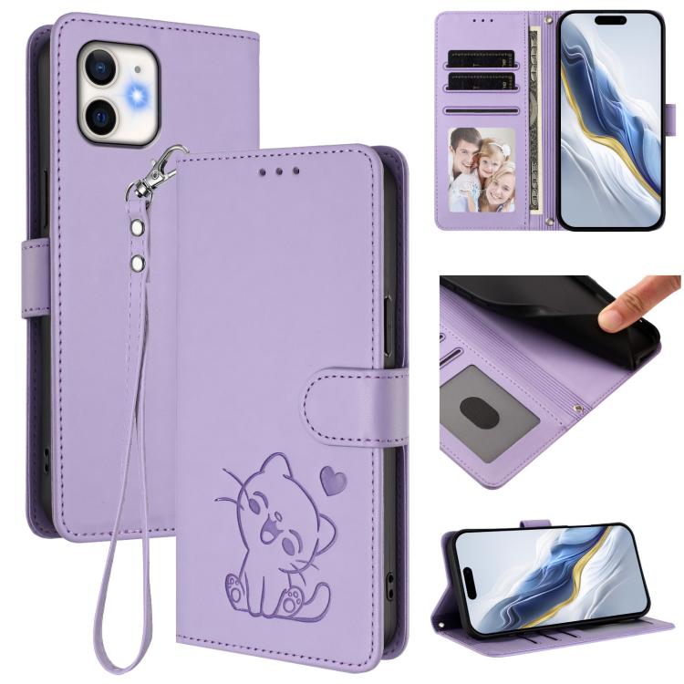 Geprägte Herz-Katzen Leder-Handyhülle mit Handschlaufe, Für iPhone 11 Pro Max, Für iPhone 11, Für iPhone 11 Pro, Für iPhone X / XS