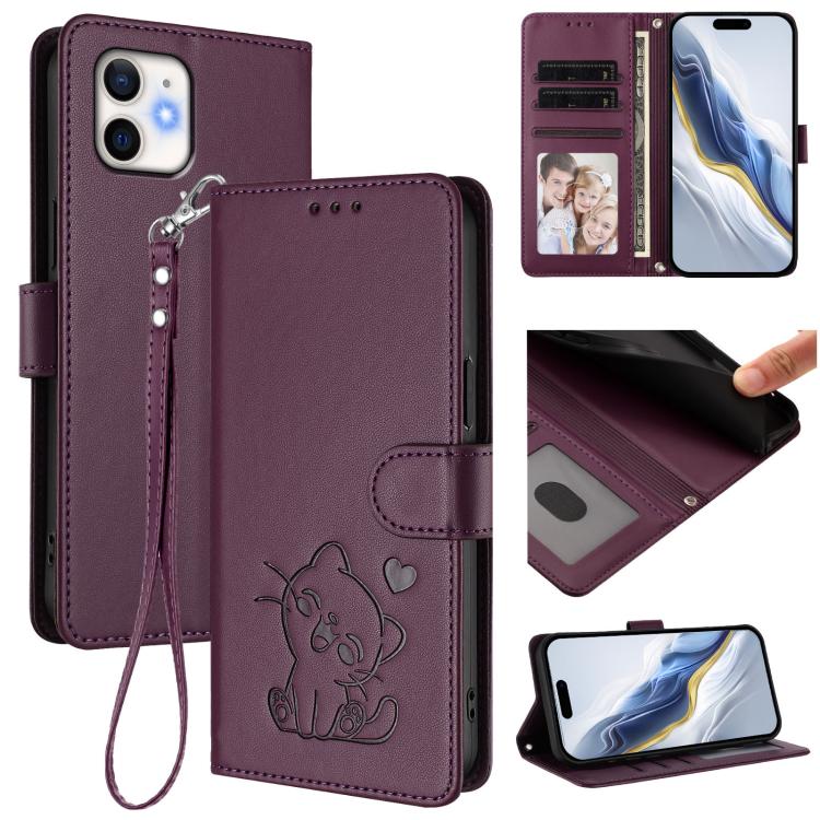 Geprägte Herz-Katzen Leder-Handyhülle mit Handschlaufe, Für iPhone 11 Pro Max, Für iPhone 11, Für iPhone 11 Pro, Für iPhone X / XS