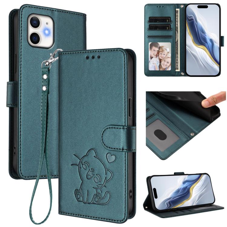 Geprägte Herz-Katzen Leder-Handyhülle mit Handschlaufe, Für iPhone 11 Pro Max, Für iPhone 11, Für iPhone 11 Pro, Für iPhone X / XS