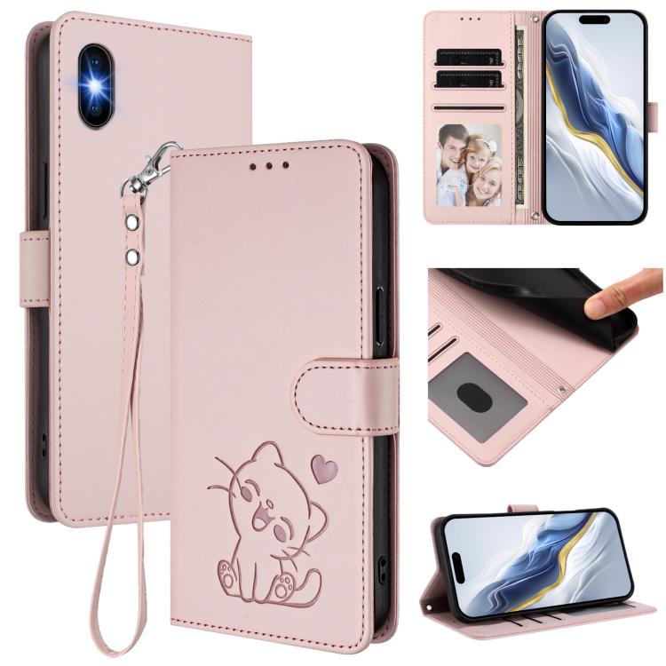 Geprägte Herz-Katzen Leder-Handyhülle mit Handschlaufe, Für iPhone 11 Pro Max, Für iPhone 11, Für iPhone 11 Pro, Für iPhone X / XS