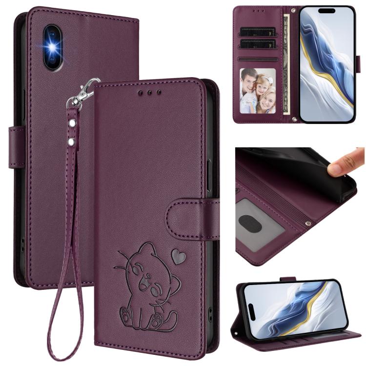 Geprägte Herz-Katzen Leder-Handyhülle mit Handschlaufe, Für iPhone 11 Pro Max, Für iPhone 11, Für iPhone 11 Pro, Für iPhone X / XS