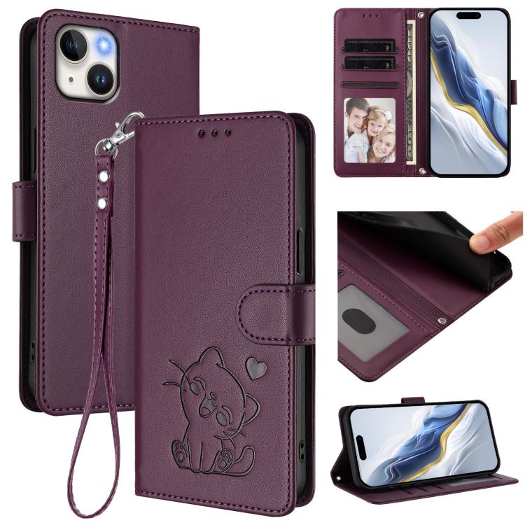 Prägte Herz-Katzen-Leder-Handyhülle mit Handschlaufe, Für iPhone 13 mini, Für iPhone 12 / 12 Pro, Für iPhone 12 Pro Max, Für iPhone 12 mini