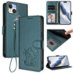 Prägte Herz-Katzen-Leder-Handyhülle mit Handschlaufe, Für iPhone 13 mini, Für iPhone 12 / 12 Pro, Für iPhone 12 Pro Max, Für iPhone 12 mini