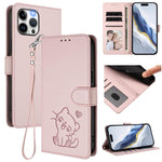 Prägte Herz-Katzen-Leder-Handyhülle mit Handschlaufe, Für iPhone 13 mini, Für iPhone 12 / 12 Pro, Für iPhone 12 Pro Max, Für iPhone 12 mini