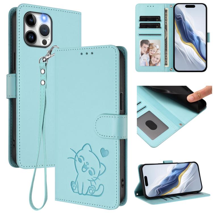 Prägte Herz-Katzen-Leder-Handyhülle mit Handschlaufe, Für iPhone 13 mini, Für iPhone 12 / 12 Pro, Für iPhone 12 Pro Max, Für iPhone 12 mini