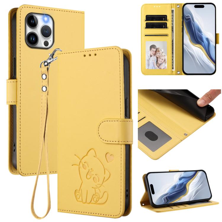 Prägte Herz-Katzen-Leder-Handyhülle mit Handschlaufe, Für iPhone 13 mini, Für iPhone 12 / 12 Pro, Für iPhone 12 Pro Max, Für iPhone 12 mini