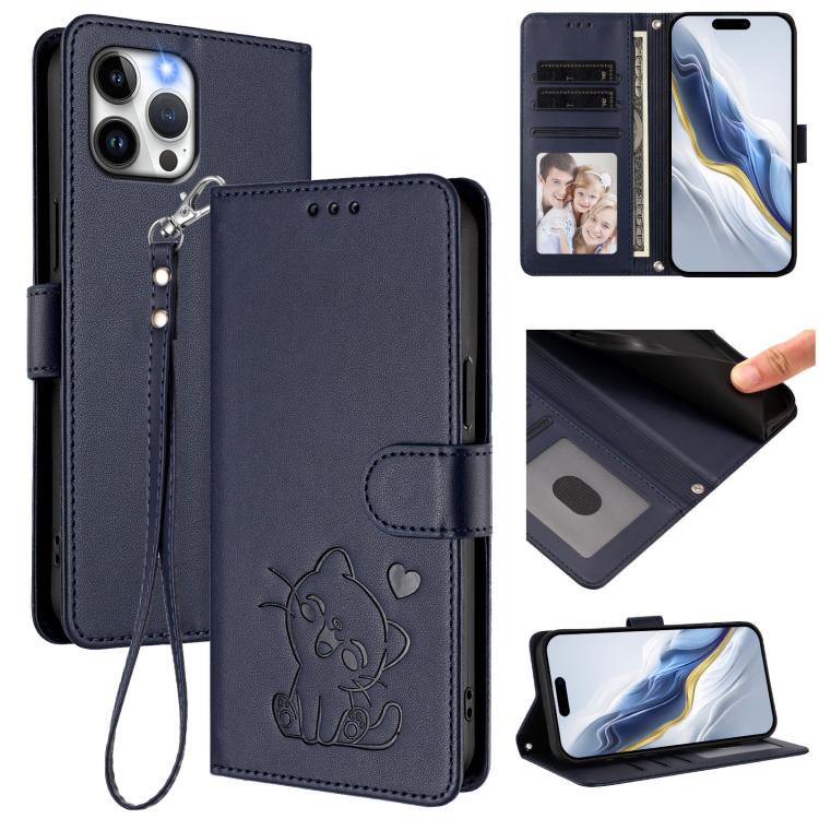 Prägte Herz-Katzen-Leder-Handyhülle mit Handschlaufe, Für iPhone 13 mini, Für iPhone 12 / 12 Pro, Für iPhone 12 Pro Max, Für iPhone 12 mini