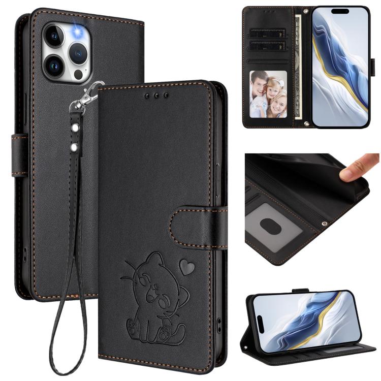 Prägte Herz-Katzen-Leder-Handyhülle mit Handschlaufe, Für iPhone 13 mini, Für iPhone 12 / 12 Pro, Für iPhone 12 Pro Max, Für iPhone 12 mini