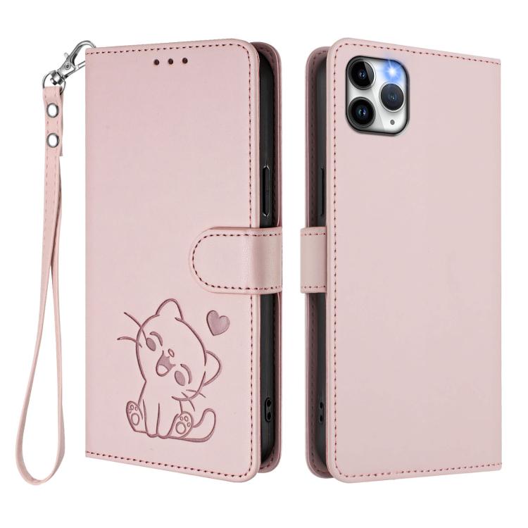 Geprägte Herz-Katzen Leder-Handyhülle mit Handschlaufe, Für iPhone 11 Pro Max, Für iPhone 11, Für iPhone 11 Pro, Für iPhone X / XS