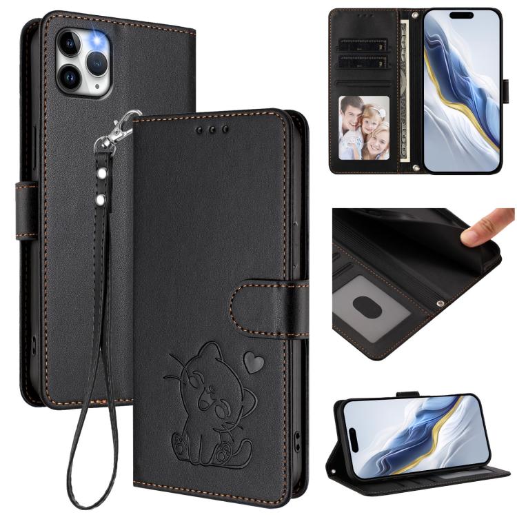 Geprägte Herz-Katzen Leder-Handyhülle mit Handschlaufe, Für iPhone 11 Pro Max, Für iPhone 11, Für iPhone 11 Pro, Für iPhone X / XS