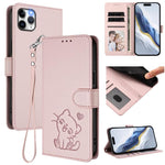 Geprägte Herz-Katzen Leder-Handyhülle mit Handschlaufe, Für iPhone 11 Pro Max, Für iPhone 11, Für iPhone 11 Pro, Für iPhone X / XS