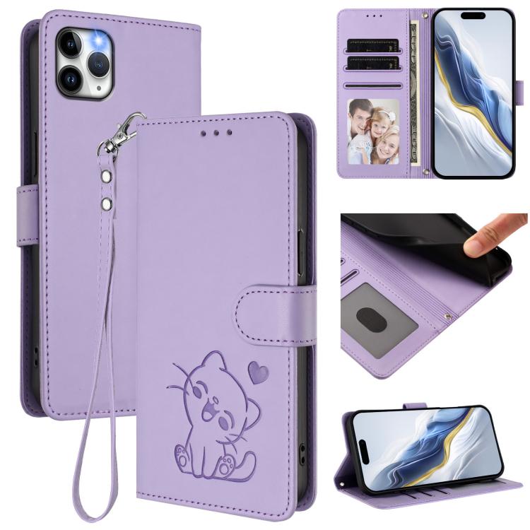 Geprägte Herz-Katzen Leder-Handyhülle mit Handschlaufe, Für iPhone 11 Pro Max, Für iPhone 11, Für iPhone 11 Pro, Für iPhone X / XS