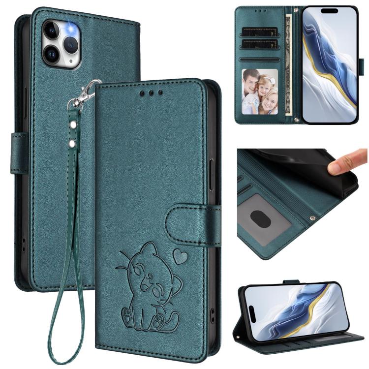 Geprägte Herz-Katzen Leder-Handyhülle mit Handschlaufe, Für iPhone 11 Pro Max, Für iPhone 11, Für iPhone 11 Pro, Für iPhone X / XS