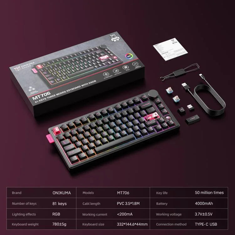 ONIKUMA MT706 Mechanische Tastatur mit 81 Tasten, Hot-Swap-fähig, Triple-Mode, MT706