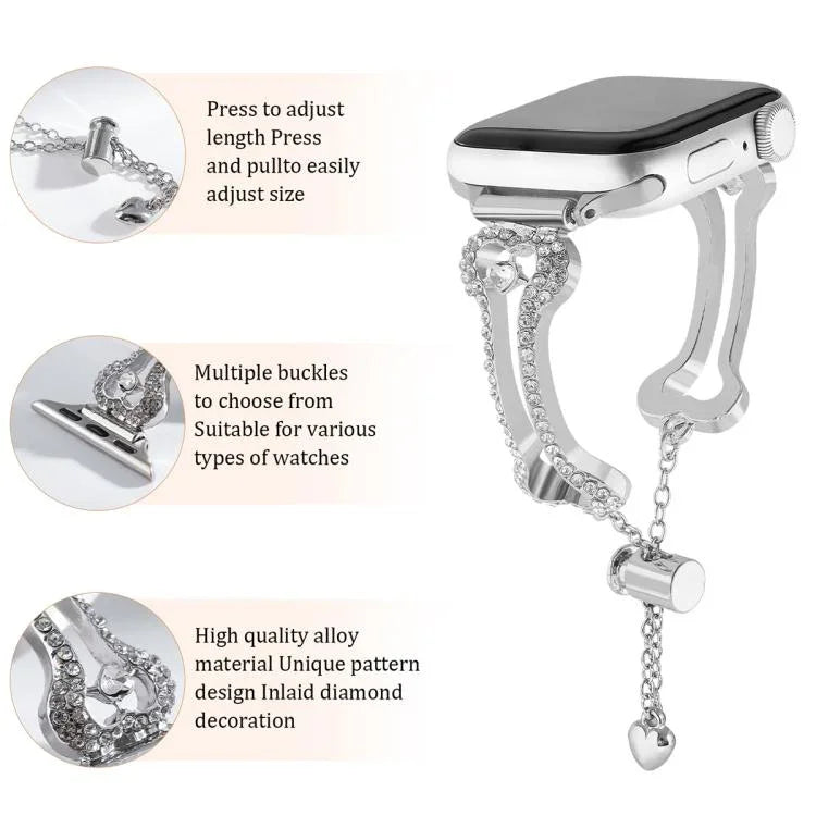 Diamantbesetztes Metallarmband in Knochenkettenform, passend für Apple Watch 46 mm / 49 mm / 45 mm / 44 mm und 42 mm / 41 mm / 40 mm / 38 mm