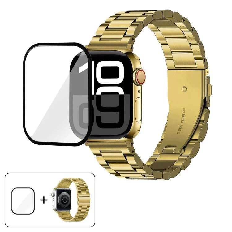 Three Beads Stainless Steel Watch Band with 3D Curved Film, For Apple Watch Ultra 2 / 1 49mm, For Apple Watch Series 45mm, For Apple Watch Series 41mm, For Apple Watch Series 38mm