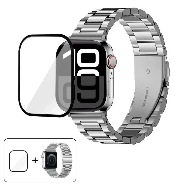Three Beads Stainless Steel Watch Band with 3D Curved Film, For Apple Watch Ultra 2 / 1 49mm, For Apple Watch Series 45mm, For Apple Watch Series 41mm, For Apple Watch Series 38mm