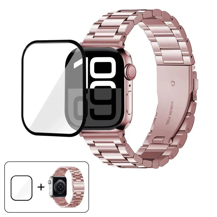 Dreireihiges Edelstahl-Uhrenarmband mit 3D-gebogener Folie, für Apple Watch Series 42 mm