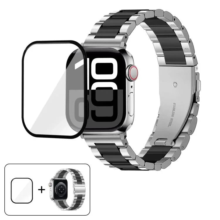 Dreireihiges Edelstahl-Uhrenarmband mit 3D-gebogener Folie, für Apple Watch Series 42 mm