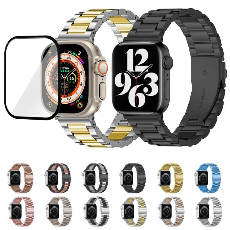 Dreireihiges Edelstahl-Uhrenarmband mit 3D-gebogener Folie, für Apple Watch Series 42 mm