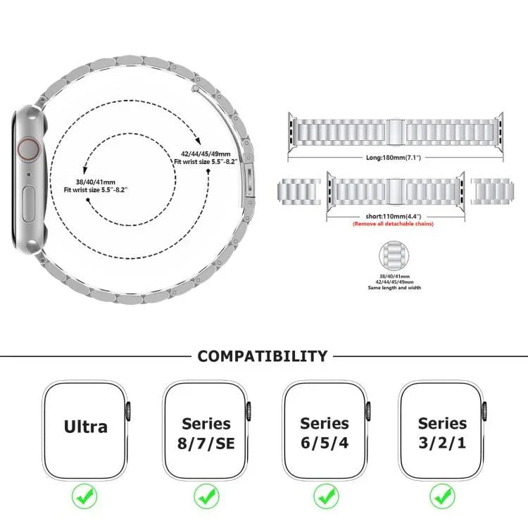 Three Beads Stainless Steel Watch Band with 3D Curved Film, For Apple Watch Ultra 2 / 1 49mm, For Apple Watch Series 45mm, For Apple Watch Series 41mm, For Apple Watch Series 38mm