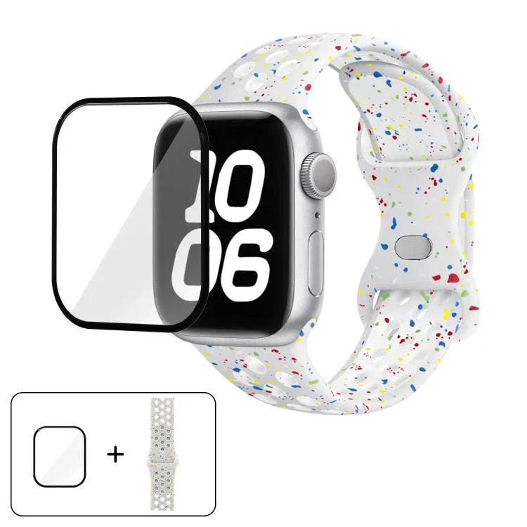 Silikon-Uhrenarmband mit Schmetterlingsverschluss und farbigen Punkten sowie 3D-gebogener Folie, für Apple Watch Series 42 mm