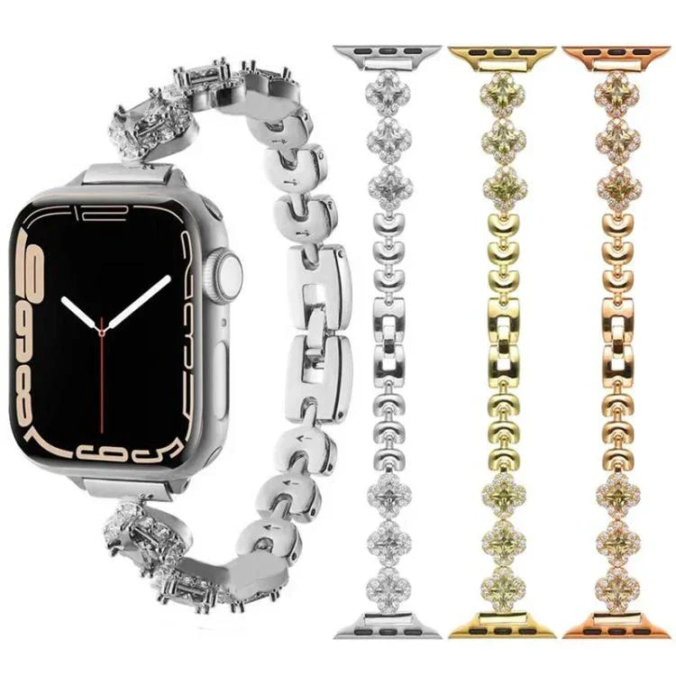 xDfind Metall-Uhrenarmband mit vierblättrigem Kleeblatt und Diamanten, für Apple Watch 42 / 44 / 45 / 46 / 49 mm, für Apple Watch 38 / 40 / 41 / S10 42 mm