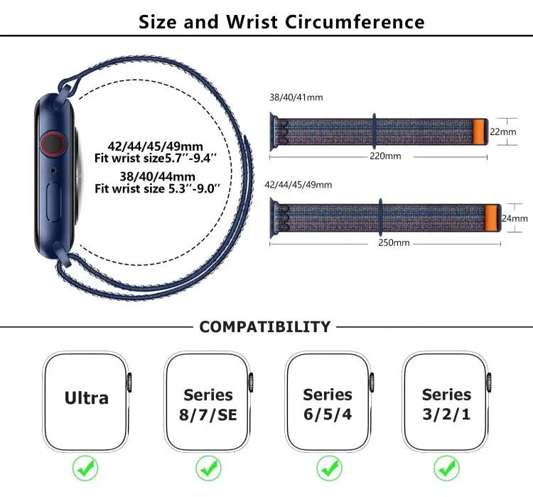 Nylon-Armband mit 3D-gebogener Folie, passend für Apple Watch Series 41 mm, 38 mm und 42 mm