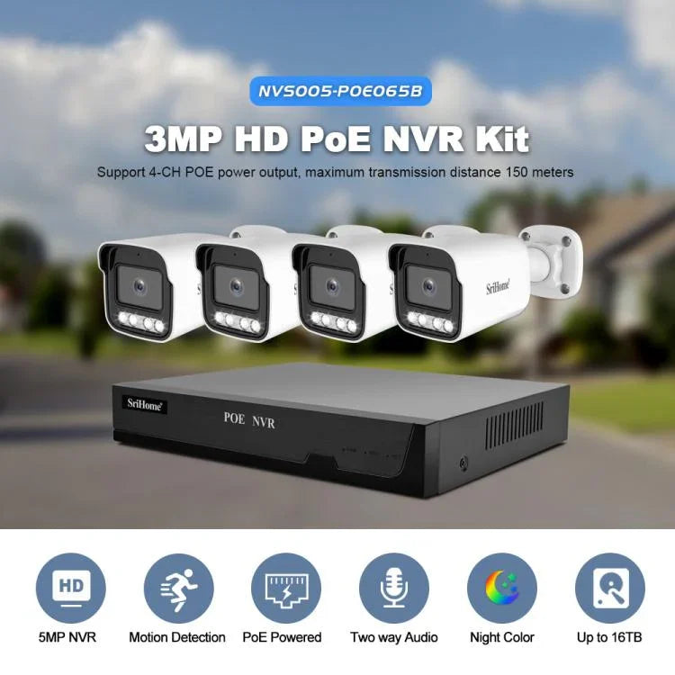SriHome NVS005-POE065 3MP HD 4-Kanal PoE Kamera Netzwerk-Videorekorder-Kit, 3MP 4-Kanal