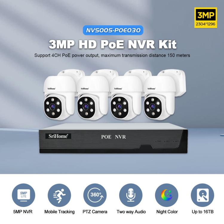 SriHome NVS005-POE030 3MP HD 4-Kanal PoE Kamera Netzwerk-Videorekorder-Kit, 3MP 4-Kanal