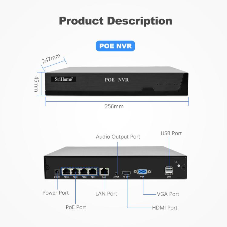 SriHome NVS005-POE030 3MP HD 4-Kanal PoE Kamera Netzwerk-Videorekorder-Kit, 3MP 4-Kanal