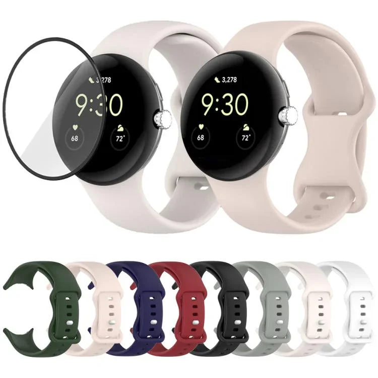 Silikon-Uhrenarmband mit Schmetterlingsverschluss und 3D-gebogener Folie, für Google Pixel Watch 3 (45 mm), Google Pixel Watch 3 (41 mm), Google Pixel Watch 2 und Google Pixel Watch
