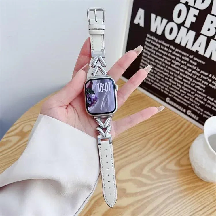 xDfind V-förmiges Hybrid-Armband aus Metall und Leder, für Apple Watch 42 / 44 / 45 / 46 / 49 mm, für Apple Watch 38 / 40 / 41 / S10 42 mm