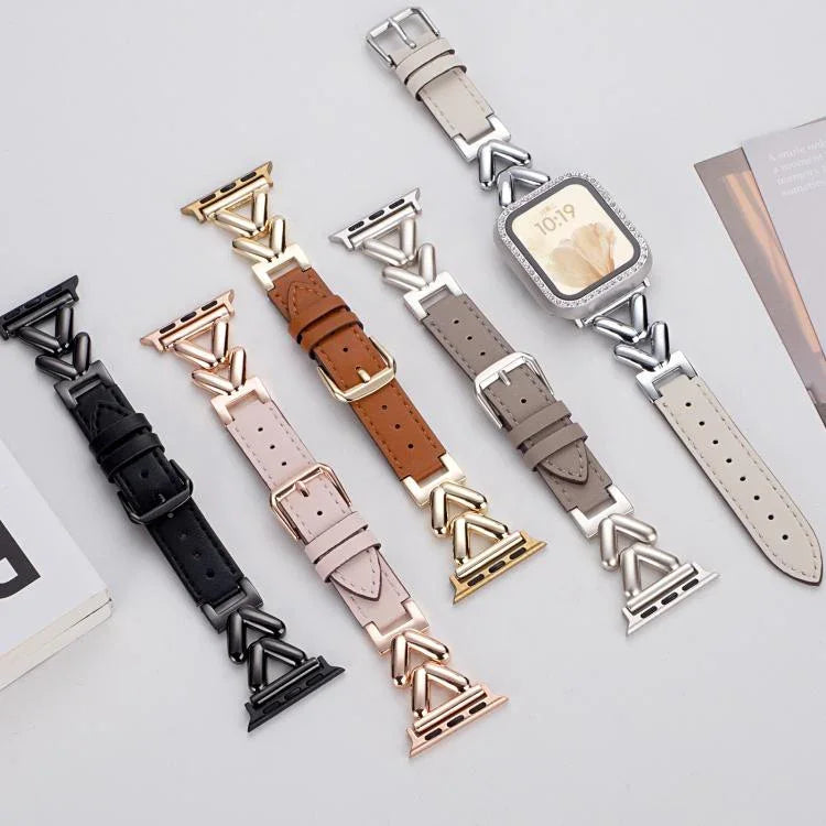 xDfind V-förmiges Hybrid-Armband aus Metall und Leder, für Apple Watch 42 / 44 / 45 / 46 / 49 mm, für Apple Watch 38 / 40 / 41 / S10 42 mm